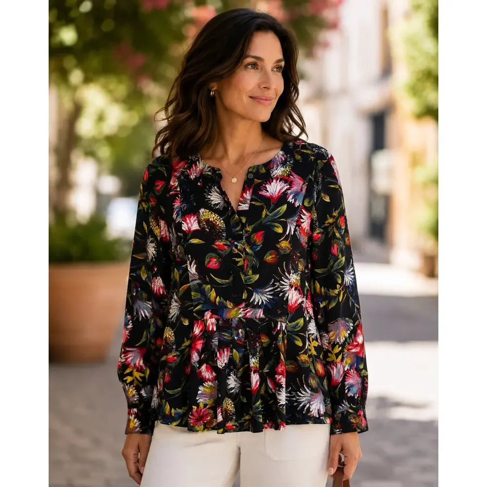 J. Crew Silk Floral Top Womens Medium Black Multicolor Peplum Popover Blouse